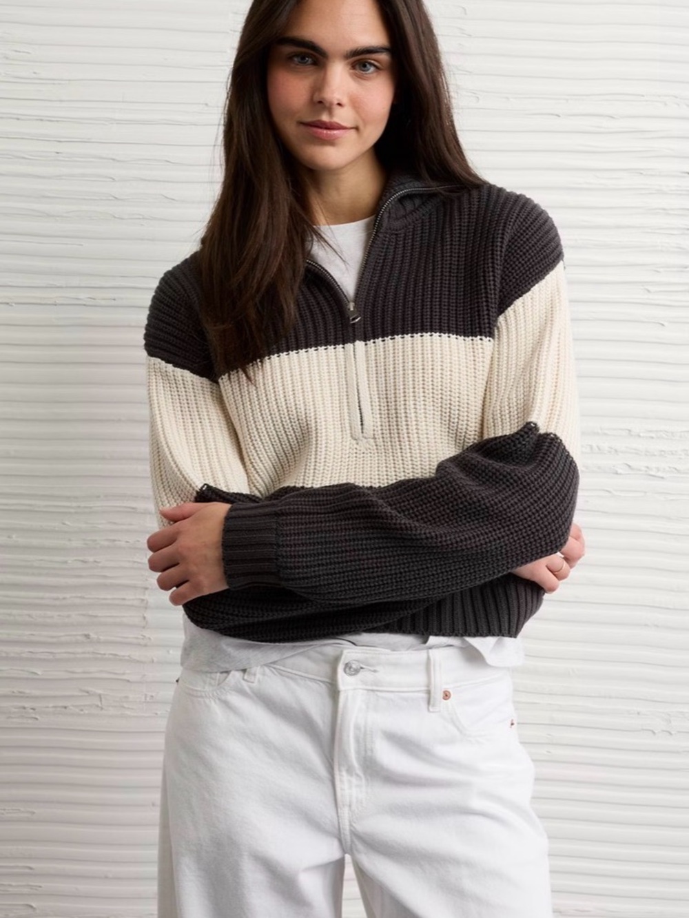 Waffle Knit Half-Zip Colorblock Sweater - Charcoal & Cream